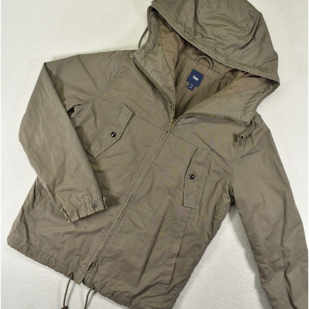 Vintage GAP Hooded Utility Jacket Womens Small Tan Khaki Parka Oversized Y2K